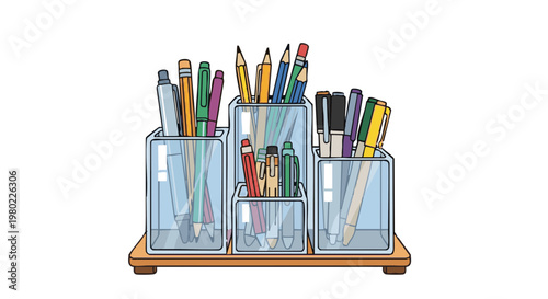 Colorful pens, pencils, and markers in a transparent desktop organizer. Vector illustration of office and school supplies