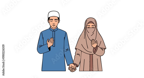 Muslim couple praying together, holding hands. Illustration of a man and woman in traditional Islamic dress
