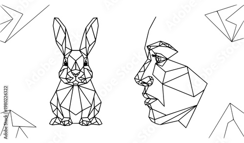 A geometric illustration of a rabbit and human face in black lines