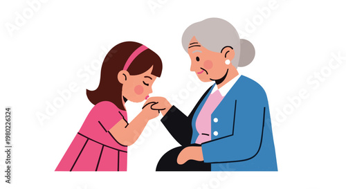 A loving granddaughter kisses her grandmother's hand. Vector illustration of family love, respect, and tradition between generations