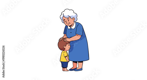 Vector illustration of a grandmother gently blessing her young grandson. A loving family moment isolated on white