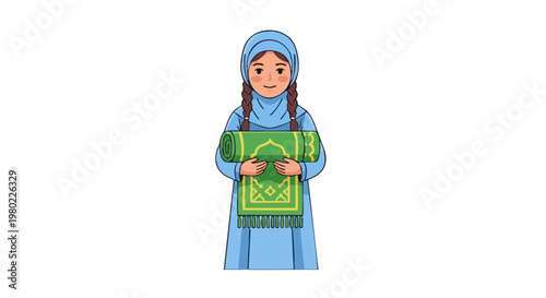 Young Muslim girl in a blue hijab holding a rolled green prayer mat
