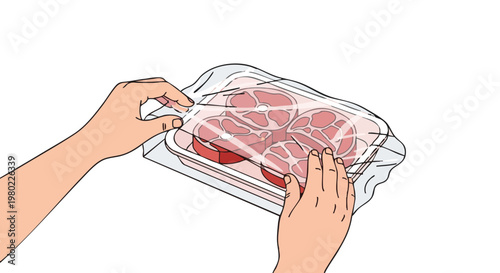 Hands wrapping a tray of raw red meat with cling film. Vector illustration of food preparation and storage on a white background