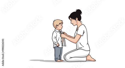 Caring mother helping her little son get dressed. Woman kneeling and adjusting a tie on a boys shirt