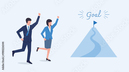 ゴールに向かって進む男女のビジネス人物ベクターイラスト
