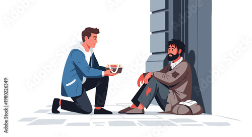 Kind man giving food to a homeless person on the street illustration