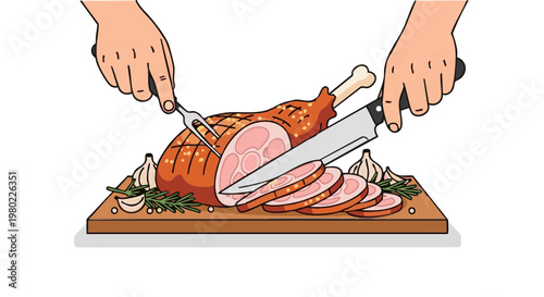 Hands of a chef carving a roasted leg of lamb with herbs and garlic on a cutting board