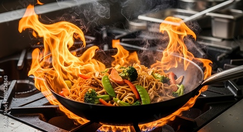 Flaming stir fry in a wok on a gas stove top