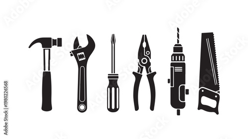 Black Silhouette Of Various Hand Tools On White Background For DIY And Construction Concepts