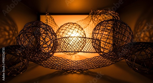 Artistic Wire Mesh Spheres and Abstract Forms with Golden Light and Intricate Shadows
