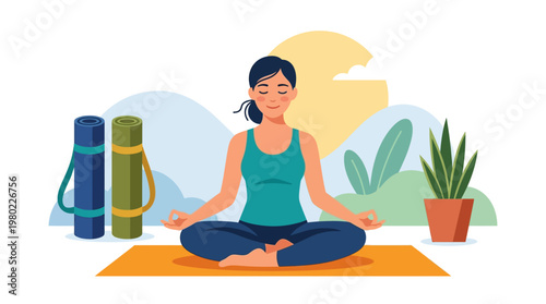 Woman in yoga pose on mat.