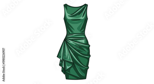 Green Silk Evening Dress With Ruffled Waist Isolated On White For Fashion Concepts