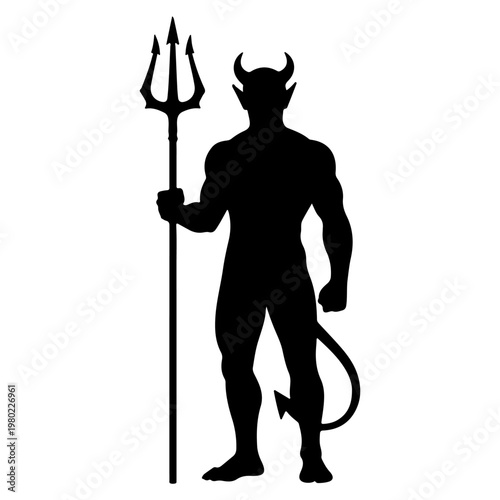 Silhouette of a muscular devil holding a trident.