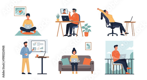 People Working Remotely On Laptops In Various Settings For Business Concepts