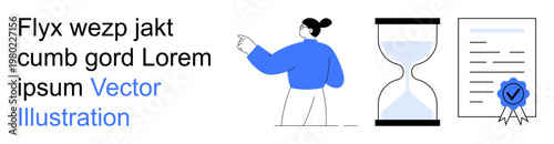 Time management, project planning, decision making, deadlines, workflow, certification. Person pointing at infographic elements an hourglass and document with seal. Time management and project