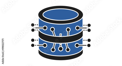 Illustration of a stylized data storage cylinder with network connection details and points of