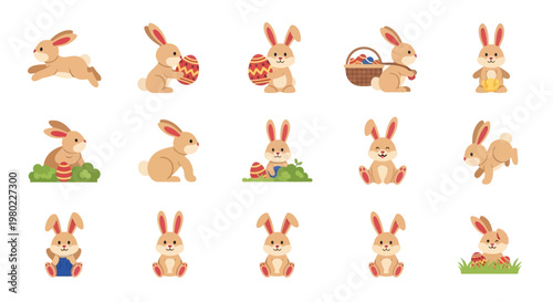 Collection of adorable Easter bunnies in various playful poses, celebrating the spring holiday with colorful eggs and baskets.