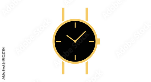 Minimalist wristwatch with black dial and golden accents on isolated white background