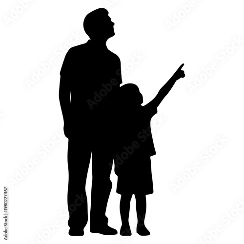 Silhouette of a father and daughter looking up together.