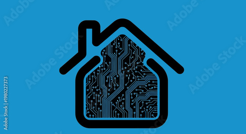 Smart home concept design with circuit board integrated within a house shape symbol