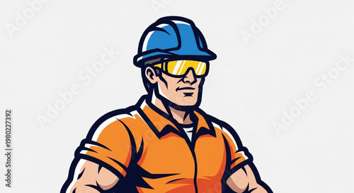 Strong Construction Worker Wearing Hard Hat And Safety Glasses.