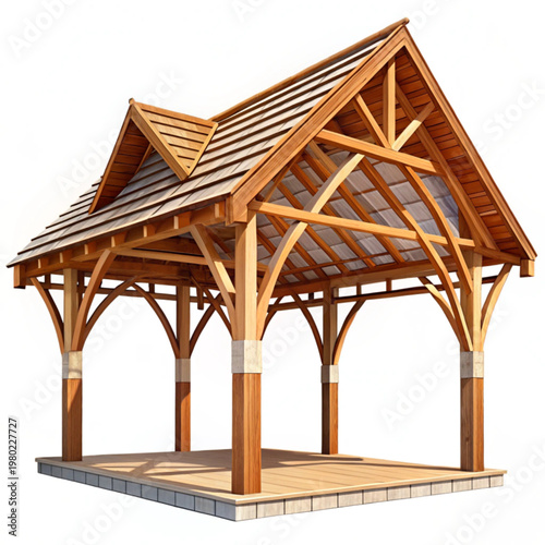 A vector graphic illustration of a wooden gazebo with a gable roof and open sides