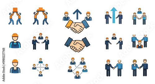 Collection of diverse business and construction teamwork icons.
