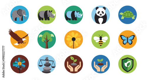 Collection of diverse animal and nature conservation icons in flat design style.