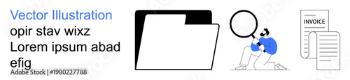 Data organization, document management, financial analysis, invoicing, auditing, record keeping. A folder icon, invoice graphic and person with a magnifying glass. Data organization and document