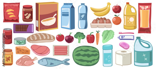 Collection of grocery and household items in colorful flat vector style. Isolated graphics on a white background.