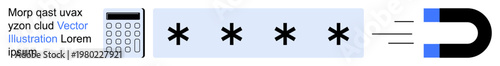 Cybersecurity, password strength, data protection, hacking prevention, user authentication, digital safety. A magnet attracting password symbols. Cybersecurity and password strength concept