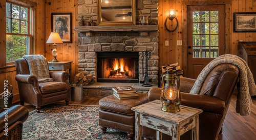 Cozy living room with stone fireplace and leather chairs wooden walls rustic decor