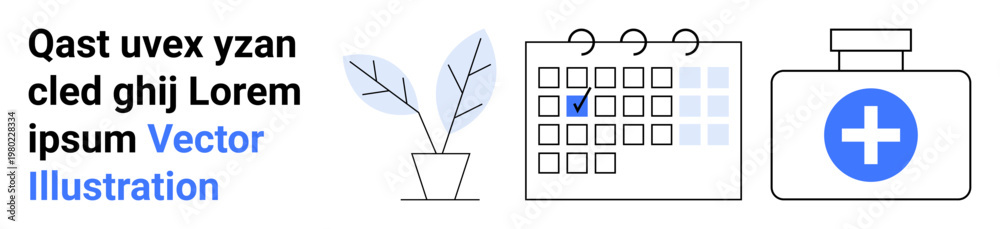 Obraz premium Healthcare planning, time management, medical appointments, wellness routines, organization, productivity. A calendar with marked date, potted plant medical cross icon. Healthcare planning and time