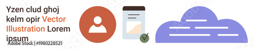 Digital identity, cloud computing, data storage, document verification, online services, security management. User icon, cloud and document elements. Digital identity and cloud computing concept