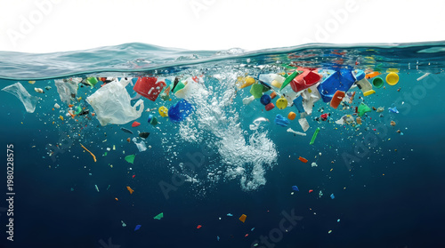 A diverse collection of colorful plastic waste and debris floats on the ocean surface and sinks into the deep blue water illustrating pollution plastic pollution ocean pollution