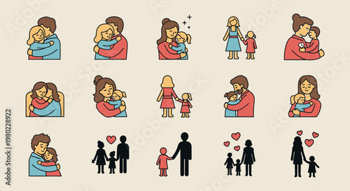 Collection of illustrations depicting mothers and children in various loving embraces and family moments.