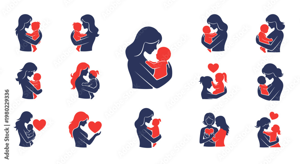 Fototapeta premium Collection of mother and baby silhouettes, showcasing maternal love and care.