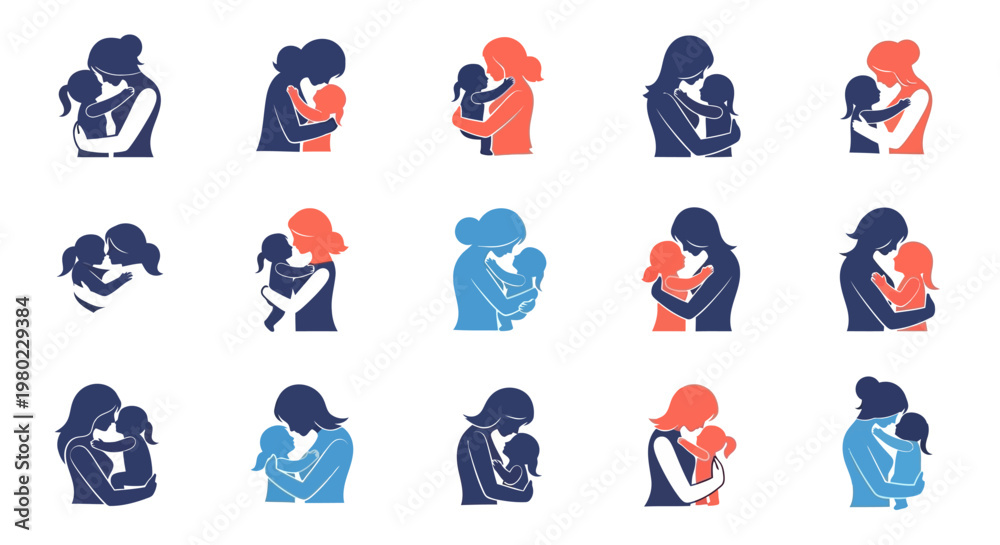 Fototapeta premium Collection of Mother and Child Silhouettes Illustrating Love and Affection.