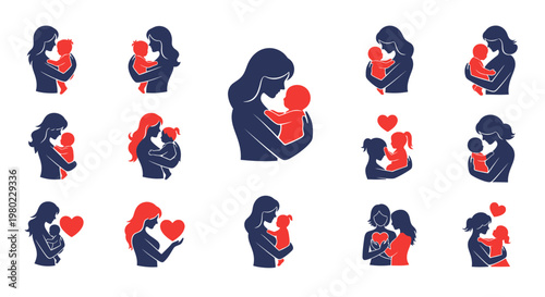 Collection of mother and baby silhouettes, showcasing maternal love and care.
