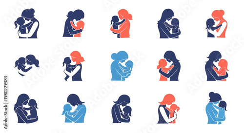 Collection of Mother and Child Silhouettes Illustrating Love and Affection.