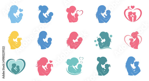 Collection of Mother and Child Silhouettes in Various Poses and Colors.
