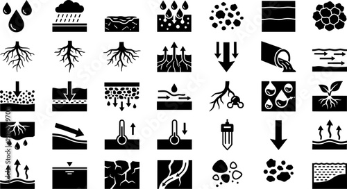 Water and Mineral Uptake. Solid icon set of Water and Mineral Uptake: water droplets, dissolved minerals, root hairs close-up, absorption
