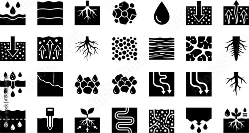 Water and Mineral Uptake. Solid icon set of Water and Mineral Uptake: water droplets, dissolved minerals, root hairs close-up, absorption
