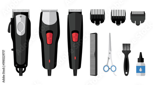 Professional Electric Hair Clippers Vector Set with Attachment Guards, Scissors, Comb, and Cleaning Oil Bottle. Flat Design Illustration for Male Grooming and Haircut Tools