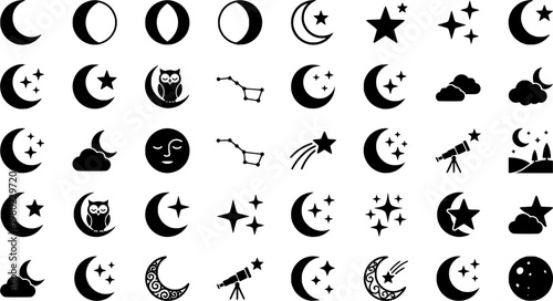 Restorative Sleep Icons. Restorative sleep practices and rituals. Icon set. Set Logo of Restorative sleep practices and rituals: crescent moon and stars