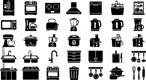 Kitchen Icons Grid. Kitchens. Line icon set of Kitchens: kitchen
