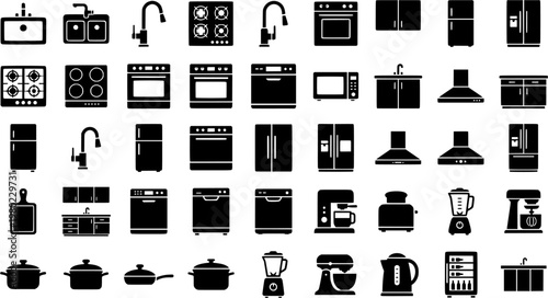 Kitchen Icons Grid. Kitchens. Line icon set of Kitchens: kitchen
