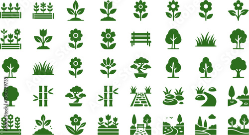 Tucked-Away Green Spaces Icons. Solid, Filled icon set of tucked-away green spaces: community garden plot, pocket park bench,
