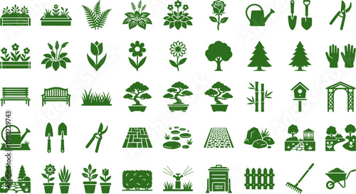Tucked-Away Green Spaces Icons. Solid, Filled icon set of tucked-away green spaces: community garden plot, pocket park bench,
