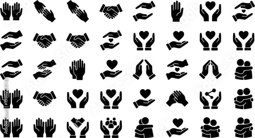 Helping Hand Icons. Outline icon set of helping hand: open palm, handshake, supportive arm, lifting gesture,
